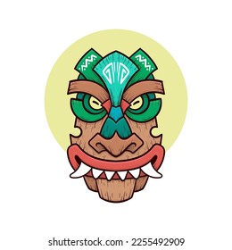 Tribal tiki masks Hawaiian totem culture vector wooden colored illustrations
