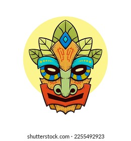 Tribal tiki masks Hawaiian totem culture vector wooden colored illustrations