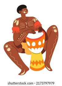 Tribal traditions and culture of African country, isolated male character playing drums. Performer taking part in entertainment, ritual or ceremony celebration musicians. Vector in flat style