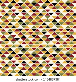 Tribal triangles grid mosaic tiles lines vector seamless pattern. Colorful triangles mosaic geometric background. Modern triangular shapes grid. Geometric polygon elements graphic design.