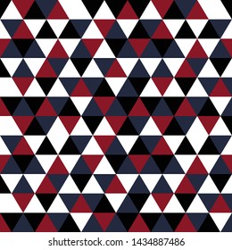 Tribal triangles grid mosaic tiles lines vector seamless pattern. Colorful triangles mosaic geometric background. Modern triangular shapes grid. Geometric polygon elements graphic design.
