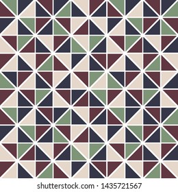 Tribal triangles grid mosaic tiles lines vector seamless pattern. Colorful triangles mosaic geometric background. Modern triangular shapes grid. Geometric polygon elements graphic design