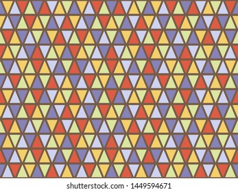 Tribal triangles grid mosaic tiles lines vector seamless pattern. Colorful triangle tiles geometric background. Creative triangular shapes grid. Geometric polygon elements doodle wallpaper.