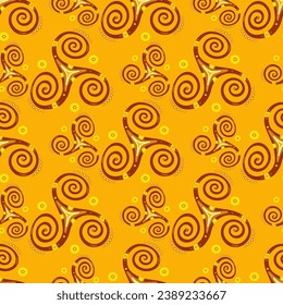 Tribal triple spiral celtic triskele spiritual symbol seamless ornament. Trinity helix triskelion vortex sacred geometry. Gaelic joining spirals mystical motif. Nordic sign pattern.