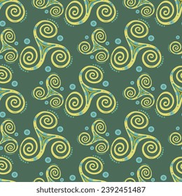 Tribal triple spiral celtic triskele geometric sign repeating pattern. Trinity helix triskelion swirl sacred geometry. Wiccan joining spirals traditional motif. Druid symbol ornament.