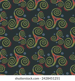 Tribal triple spiral celtic triskele rotating symbol seamless ornament. Three legs triskelion whirlpool sacred geometry. Wiccan joining spirals mystical motif. Nordic sign pattern.