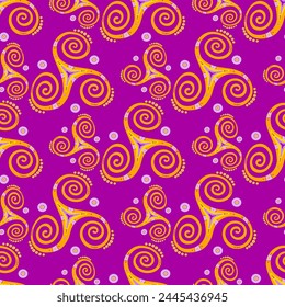 Tribal triple spiral celtic triskele spiritual symbol repeating pattern. Three legs triskel whirlpool sacred geometry. Irish joining spirals mysterious motif. Nordic sign ornament.