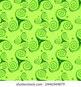 Tribal triple spiral celtic triskele spiritual sign repeating ornament. Three legs triskel swirl sacred geometry. Irish joining spirals hypnotic motif. Eternity symbol pattern.