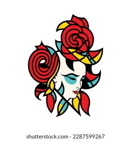 Tribal, tropical, ethnic portrait logo with abstract forms with leaves and rose flowers, fun artistic modern design