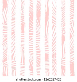 Tribal tropical pattern, palm leaves seamless vector floral background. Exotic plant on stripes. spring nature jungle print. Leaves of palm tree on paint lines. ink brush strokes. pink girly pattern.