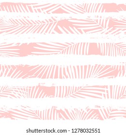 Tribal tropical pattern, palm leaves seamless vector floral background. Exotic plant on stripes. spring nature jungle print. Leaves of palm tree on paint lines. ink brush strokes. pink girly pattern.