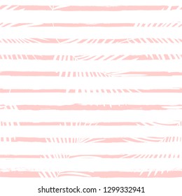 Tribal tropical pattern, palm leaves seamless vector floral background. Exotic plant on stripes. spring nature jungle print. Leaves of palm tree on paint lines. ink brush strokes. pink girly pattern.
