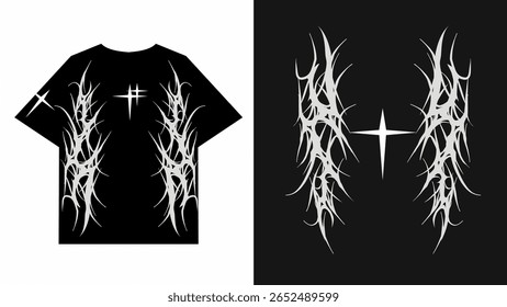 tribal t-shirt design with cross in cyber Y2K gothic style, perfect for streetwear, apparel prints, or digital fashion projects