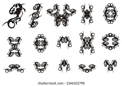 Tribal twirled dragon design elements. Abstract set and frames in the form of a dragon for your design. Black on white
