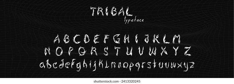 Tribal typeface in trendy y2k style. Hand drawn fire flame alphabet font. Vector grunge scrawl illustration.