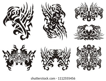 Tribal unusual black and white eagle symbols. Abstract peaked eagle symbol with an open wing and the butterflies formed from him, a frame and double symbols