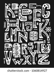 Tribal vector alphabet. Trendy ethnic design of letters. Decorative abs poster with Aztec elements.