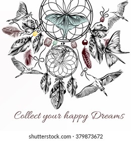 Tribal vector background with hand drawn dream catcher in engraved style with birds and butterflies