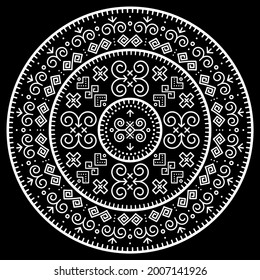 Diseño tribal vectorial de mandala negra con formas geométricas, arte folclórico bohemio eslovaco, adorno inspirado en pinturas caseras tradicionales de la aldea Cicmany en la región de Zilina, Eslovaquia. 