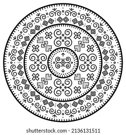 Tribal vector black mandala design with geometric shapes, Slovak bohemian folk art, ornament inspired by traditional house paintings from village Cicmany in Zilina region, Slovakia in black on white. 