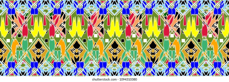Tribal vector colorful seamless border pattern. Folk abstract geometric background. Ethnic bright ornament. Decorative tribe design for fabric, wallpaper. Patterned texture with geometric elements