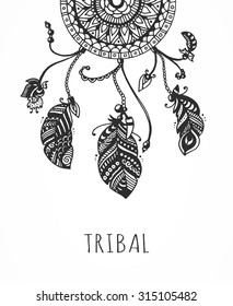 Tribal vector dream catcher with feathers. Hand drawn indian illustration. Vintage card.