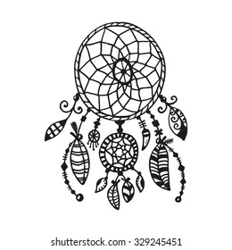 Tribal vector dream catcher with feathers. Hand drawn indian illustration. Vintage poster.