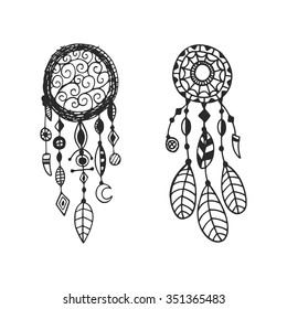 Tribal vector dream catcher with feathers. Hand drawn indian illustration. Vintage poster.