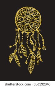 Tribal vector dream catcher with feathers. Hand drawn indian illustration. Vintage poster.