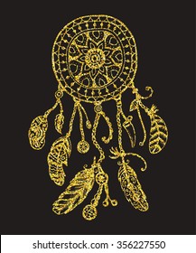 Tribal vector dream catcher with feathers. Hand drawn indian illustration. Vintage poster.