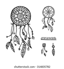 Tribal vector elements collection. Hand drawn indian illustration with dream catchers and feathers.