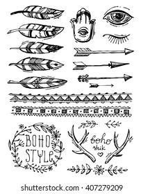 Tribal vector elements collection. Hand drawn indian illustration with arrows and feathers.