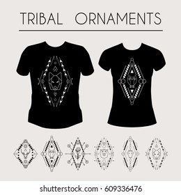 Tribal vector elements. Ethnic collection of geometric emblems with animals for t-shirt design