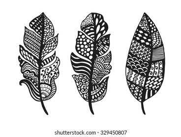 Tribal vector feather. Hand drawn indian illustration. Vintage poster.