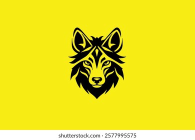 tribal vector illustration of a wolf head icon on a yellow background