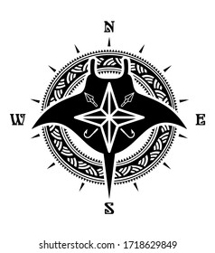 Tribal vector Maori polynesian stinggray Mata`u Manta Ray fish silhouette cricut stencil drawing design with compass, fishhook, arrows spearheads,ornamental sun circle border pattern.