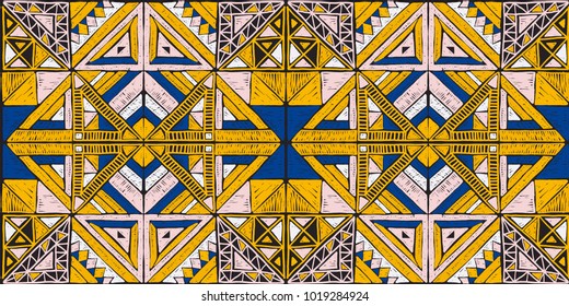 Ornamento vetorial tribal. Padrão africano sem costura. Tapete étnico com divisas. Estilo asteca. Mosaico geométrico na telha, majólica. Interior antigo. Tapete moderno. Impressão geo em têxtil. Tecido vintage.