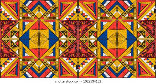 Tribal Vector Ornament. Seamless African Pattern. Ethnic Carpet With Chevrons. Aztec Style. Geometric Mosaic On The Tile, Majolica.  Ancient Interior. Modern Rug. Geo Print On Textile. Vintage Fabric.