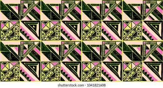 Tribal vector ornament. Seamless African pattern. Ethnic carpet with chevrons and triangles. Aztec style. Geometric mosaic with triangles on the tile. Ancient interior. Modern rug. Geo print