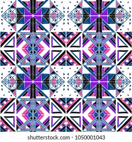 	
Tribal vector ornament. Seamless African pattern. Ethnic carpet with chevrons and triangles. Aztec style. Geometric mosaic with triangles on the tile. Ancient interior. Modern rug. Geo print