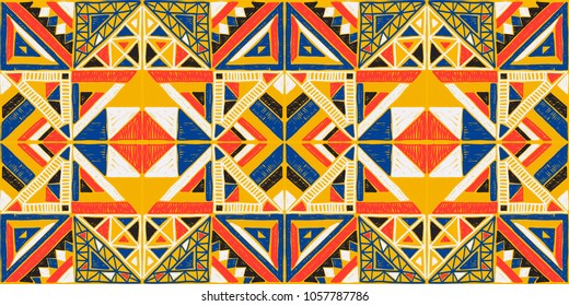 Tribal vector ornament. Seamless African pattern. Ethnic carpet with chevrons. Aztec style. Geometric mosaic on the tile, majolica.  Ancient interior. Modern rug. Geo print on textile. Vintage fabric.