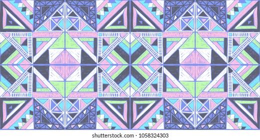 Tribal vector ornament. Seamless African pattern. Ethnic carpet with chevrons and triangles. Aztec style. Geometric mosaic with triangles on the tile. Ancient interior. Modern rug. Geo print