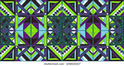Tribal vector ornament. Seamless African pattern. Ethnic carpet with chevrons and triangles. Aztec style. Geometric mosaic with triangles on the tile. Ancient interior. Modern rug. Geo print