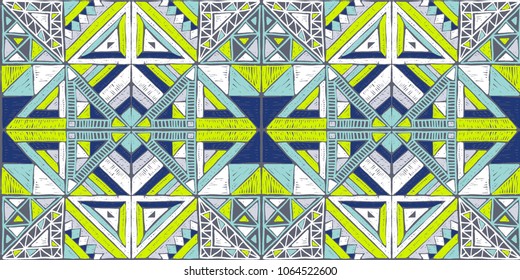 Tribal vector ornament. Seamless African pattern. Ethnic carpet with chevrons. Aztec style. Geometric mosaic on the tile, majolica. Ancient interior. Modern rug. Geo print on textile. Vintage fabric.