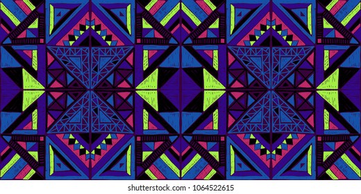 Tribal Vector Ornament. Seamless African Pattern. Ethnic Carpet With Chevrons. Aztec Style. Geometric Mosaic On The Tile, Majolica. Ancient Interior. Modern Rug. Geo Print On Textile. Vintage Fabric.