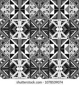 	
Tribal vector ornament. Seamless African pattern. Ethnic carpet with chevrons. Aztec style. Geometric mosaic on the tile, majolica. Ancient interior. Modern rug. Geo print on textile. Vintage fabric