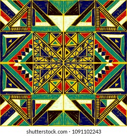 Tribal vector ornament. Seamless African pattern. Ethnic carpet with chevrons. Aztec style. Geometric mosaic on the tile, majolica. Ancient interior. Modern rug. Geo print on textile. Vintage fabric.