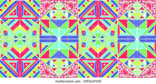 	
Tribal vector ornament. Seamless African pattern. Ethnic carpet with chevrons. Aztec style. Geometric mosaic on the tile, majolica. Ancient interior. Modern rug. Geo print on textile. Vintage fabric