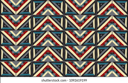 	
Tribal vector ornament. Seamless African pattern. Ethnic carpet with chevrons. Aztec style. Geometric mosaic on the tile, majolica. Ancient interior. Modern rug. Geo print on textile. Vintage fabric