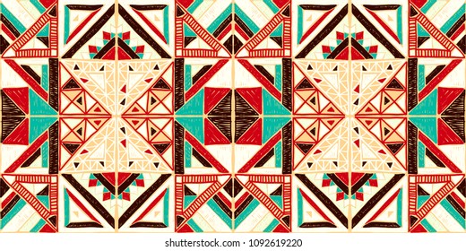 	
Tribal vector ornament. Seamless African pattern. Ethnic carpet with chevrons. Aztec style. Geometric mosaic on the tile, majolica. Ancient interior. Modern rug. Geo print on textile. Vintage fabric